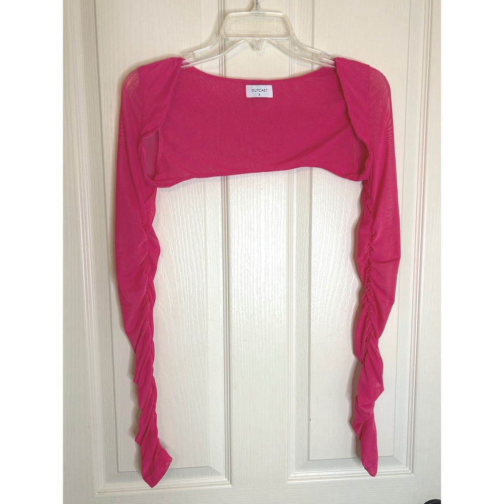 Outcast Hot Pink Mesh Ruched Long Sleeve Shrug Bolero Super Crop Top Small